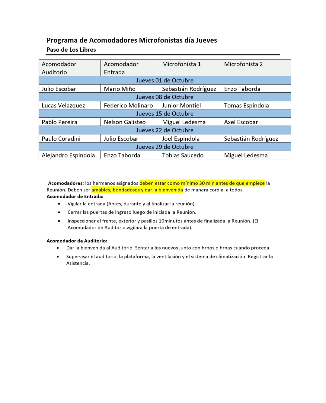 Acomodadores y Microf Jueves